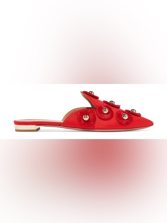 Aquazzura Shoes - Aquazzura Sunflower Red Brocade Canvas Gold Embellished Slide Flats Mules Shoes